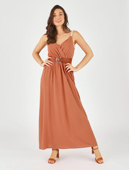 Robe longue unie à bretelles fantaisies - Rouille - 1