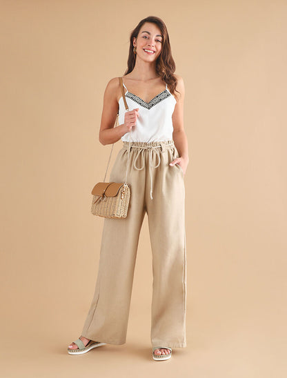 Pantalon élastiqué effet lin - Beige - 4