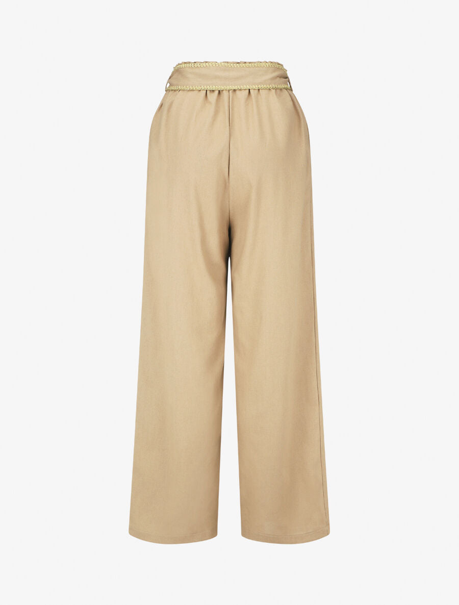 Pantalon élastiqué effet lin à ceinture stylisé - Beige - 2