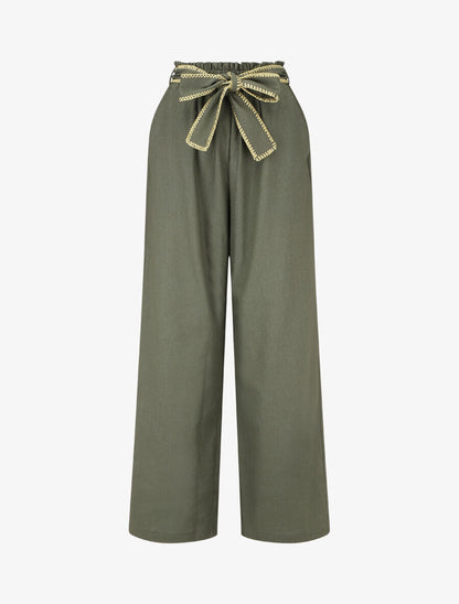 Pantalon élastiqué effet lin à ceinture stylisé - Kaki - 1