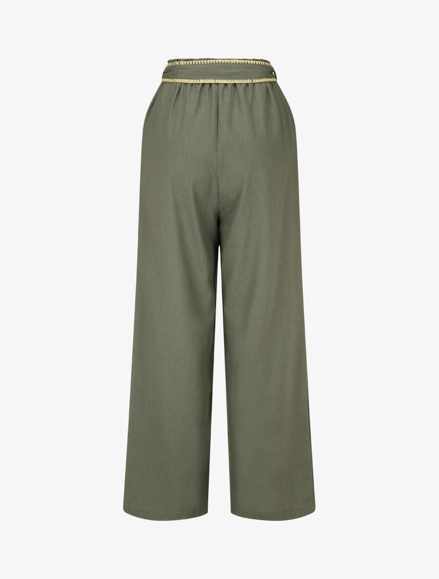 Pantalon élastiqué effet lin à ceinture stylisé - Kaki - 2