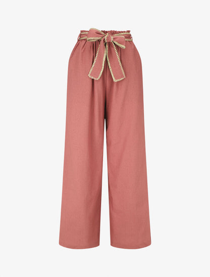 Pantalon élastiqué effet lin à ceinture stylisé - Vieux rose - 1