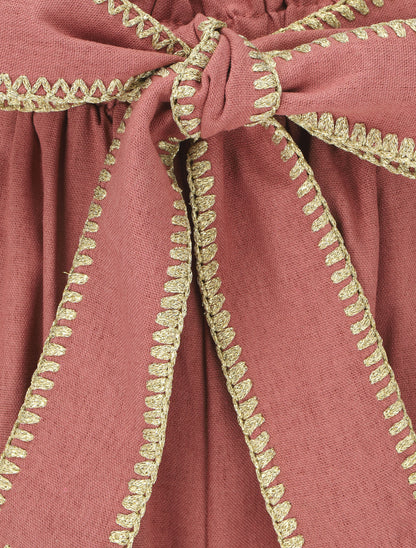 Pantalon élastiqué effet lin à ceinture stylisé - Vieux rose - 3