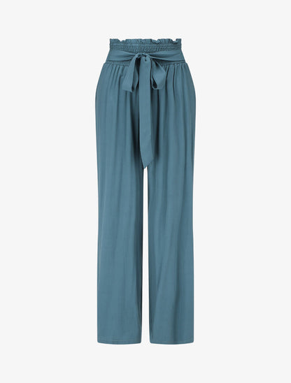 Pantalon fluide uni à taille élastiquée - Bleu canard - 1