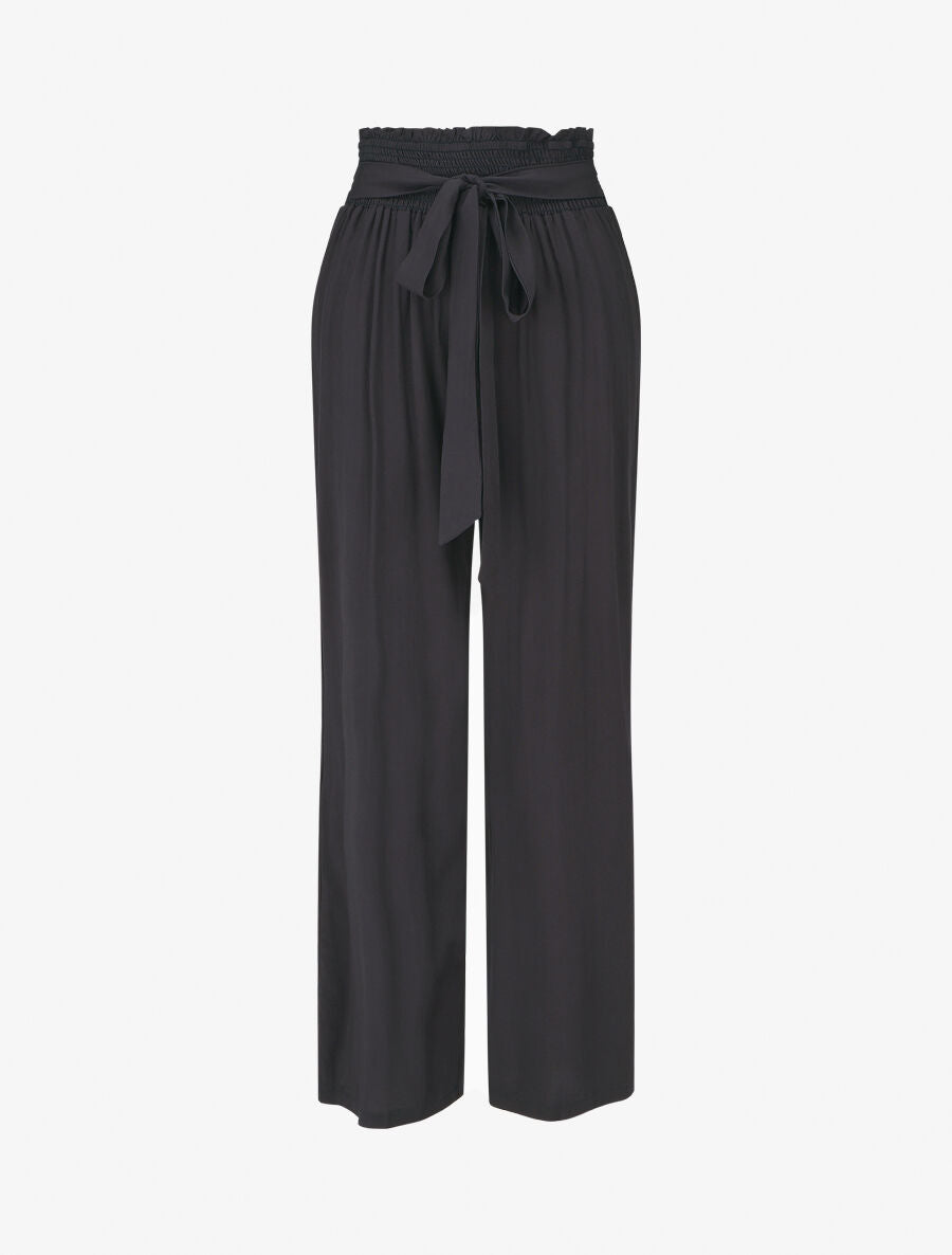 Pantalon fluide uni à taille élastiquée - Bleu nuit - 4