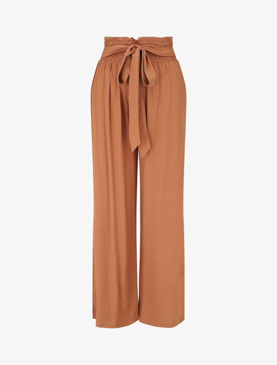Pantalon fluide uni à taille élastiquée - Camel - 1