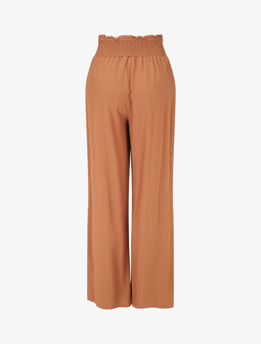 Pantalon fluide uni à taille élastiquée - Camel - 2