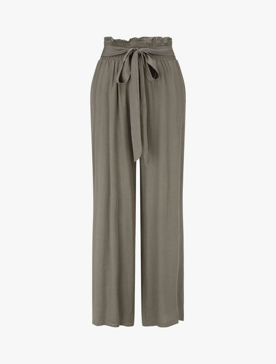 Pantalon fluide uni à taille élastiquée - Kaki - 4