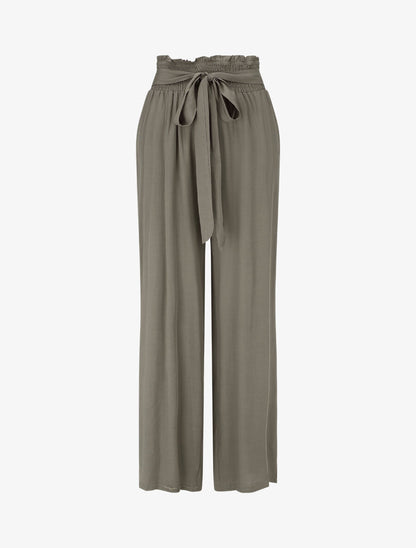 Pantalon fluide uni à taille élastiquée - Kaki - 4