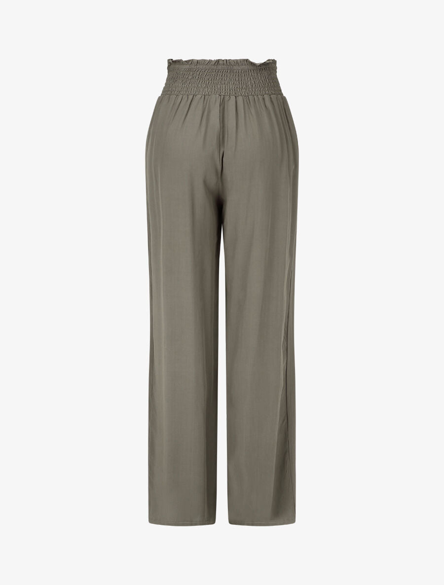 Pantalon fluide uni à taille élastiquée - Kaki - 2