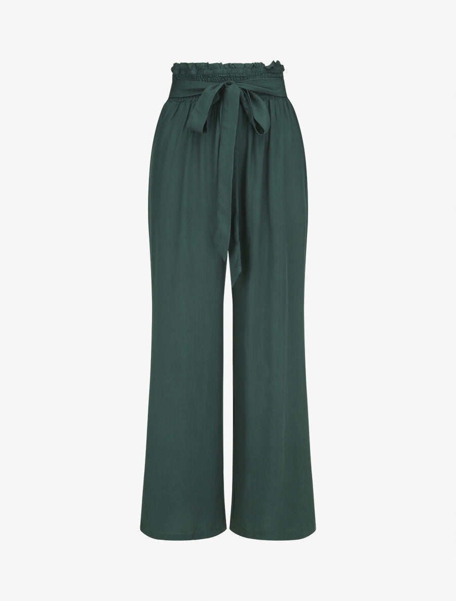 Pantalon fluide uni à taille élastiquée - Vert sapin - 1
