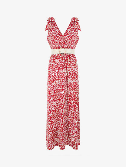 Robe imprimé fleuri à nœuds aux épaules - Rouge - 1