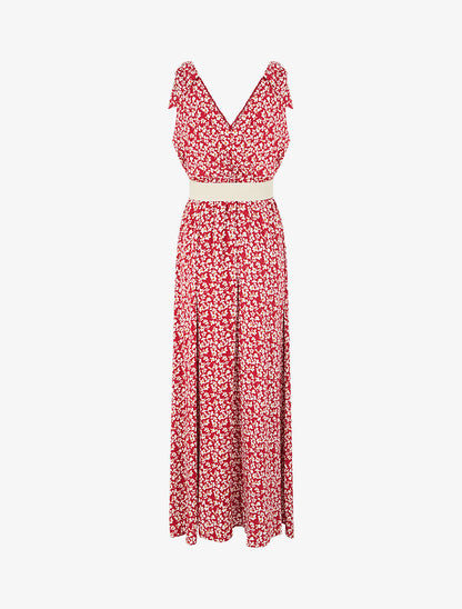Robe imprimé fleuri à nœuds aux épaules - Rouge - 2