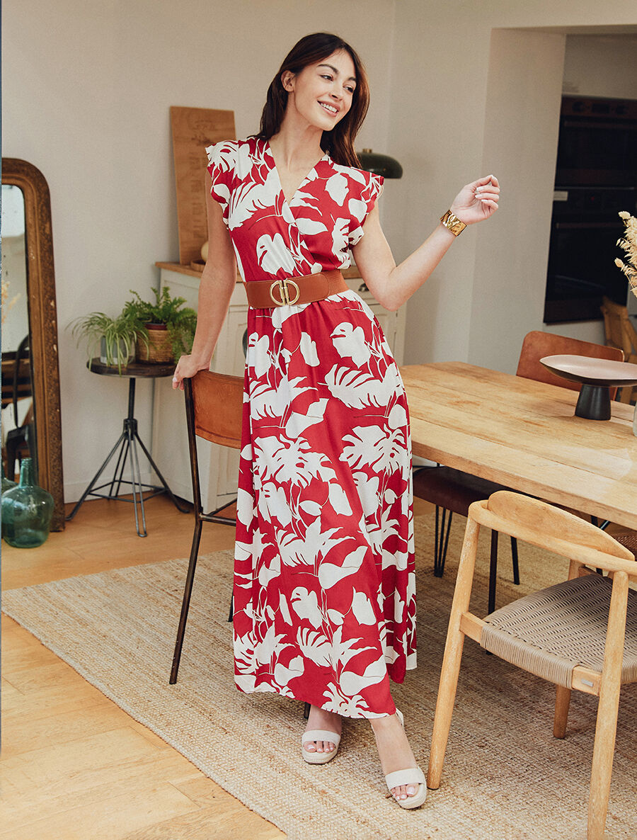 Robe fleurie à manches courtes volantées - Rouge - 1