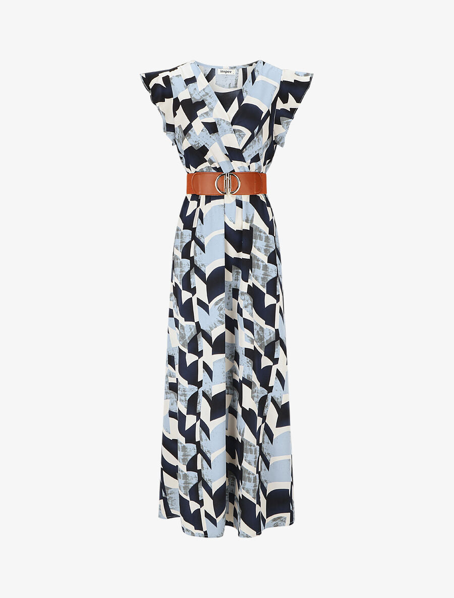 Robe imprimé graphique à manches courtes volantées - Bleu - 5