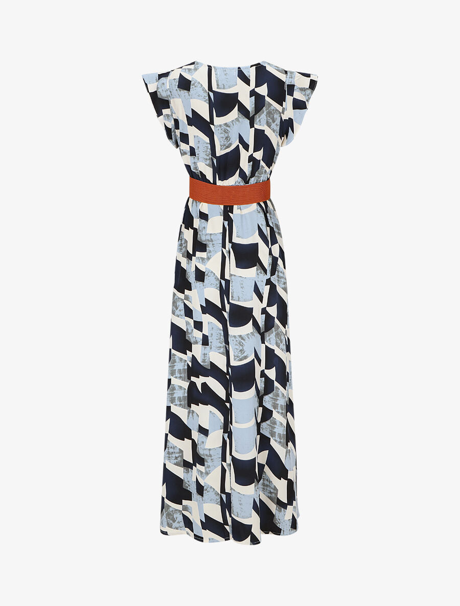 Robe imprimé graphique à manches courtes volantées - Bleu - 2