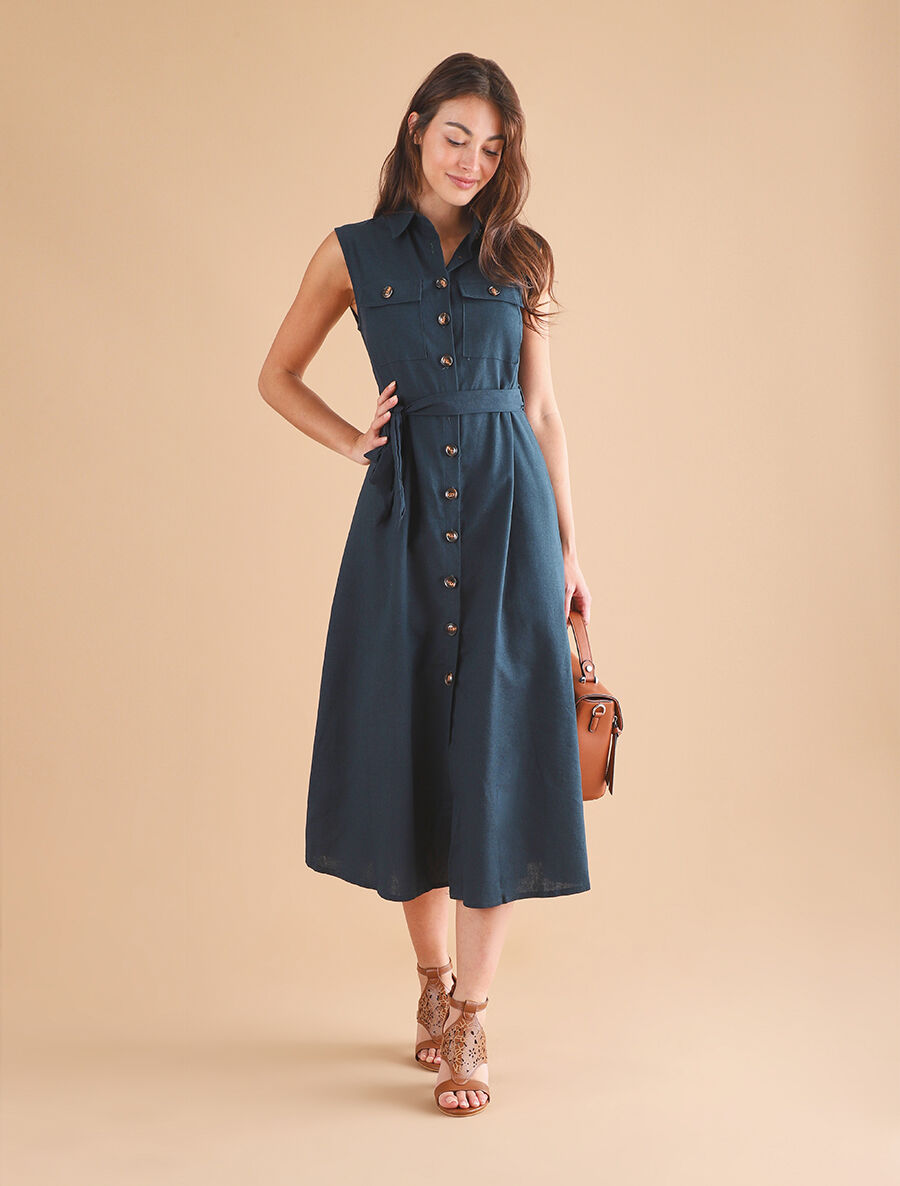 Robe évasée boutonnée à poches - Bleu pétrole - 4