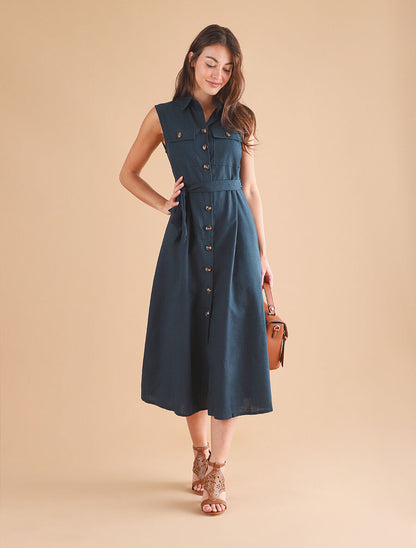 Robe évasée boutonnée à poches - Bleu pétrole - 4