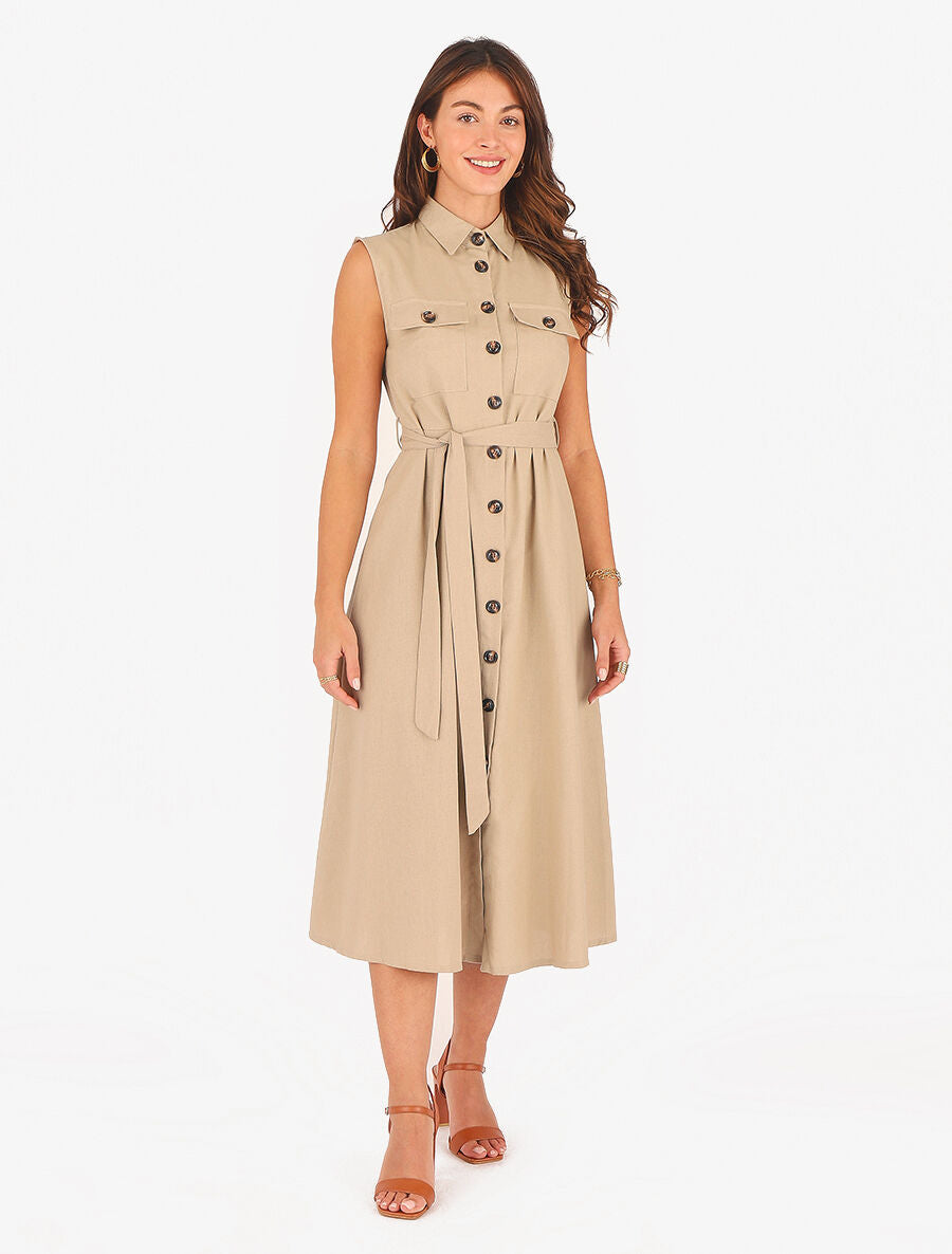Robe évasée boutonnée à poches - Beige - 4