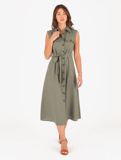 Robe évasée boutonnée à poches - Kaki - 4