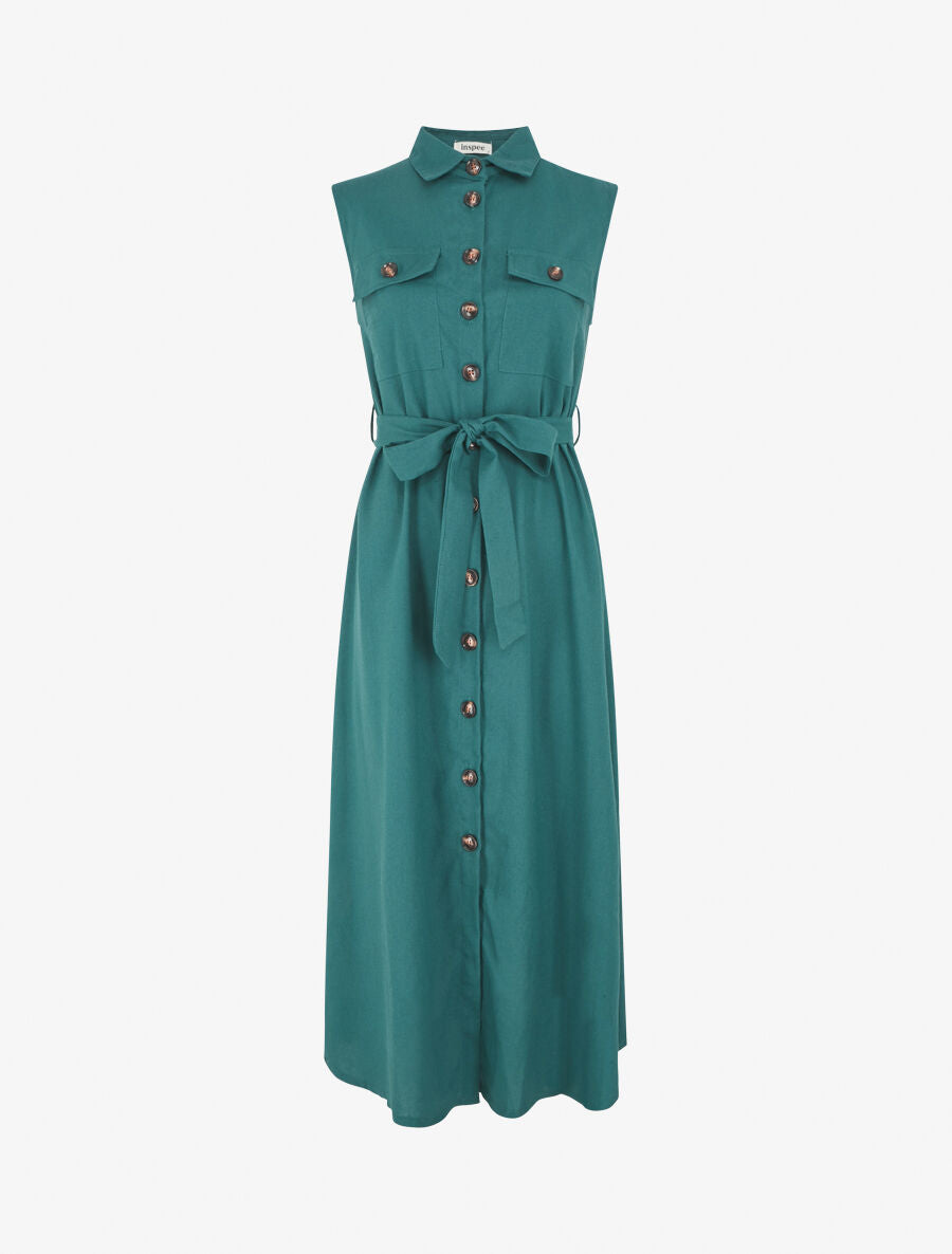 Robe évasée boutonnée à poches - Bleu canard - 4
