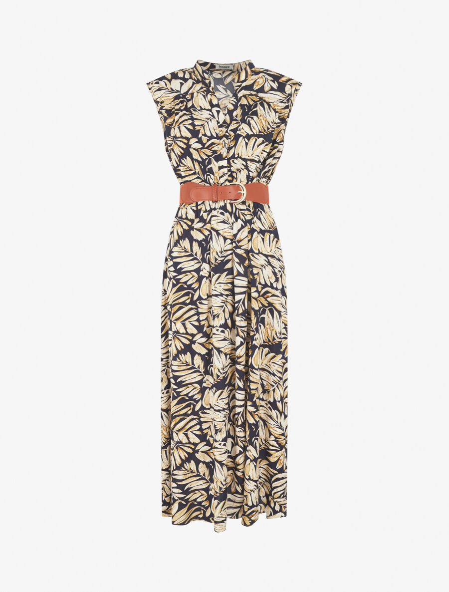 Robe évasée à boutons imprimé végétal - Marine - 5