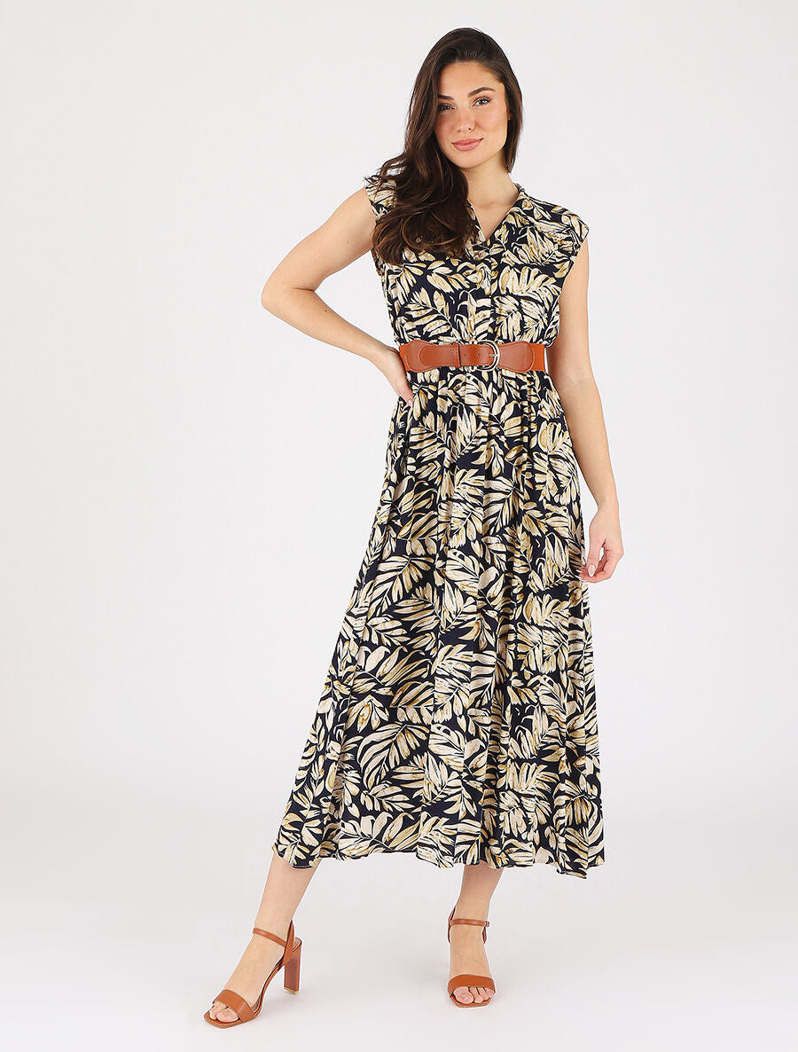 Robe évasée à boutons imprimé végétal - Marine - 4