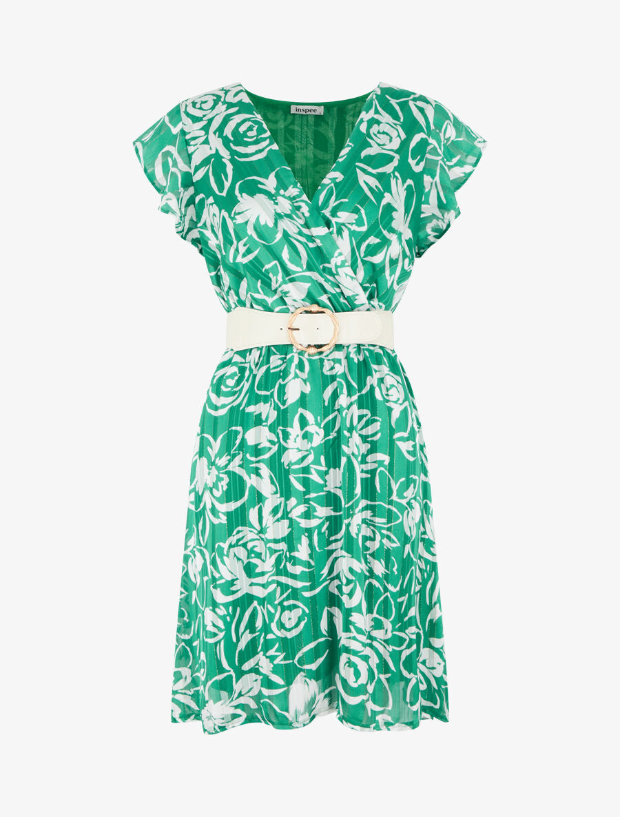 Robe mi-longue imprimé floral irisé - Vert - 1