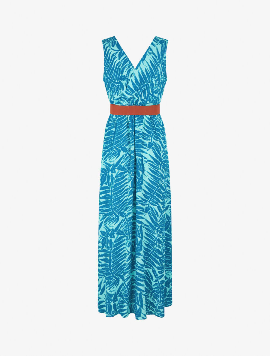 Robe longue évasée imprimé tropical - Turquoise - 2