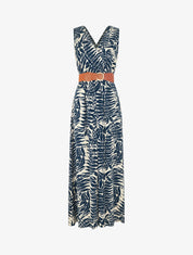 Robe longue évasée imprimé tropical - Marine - 1