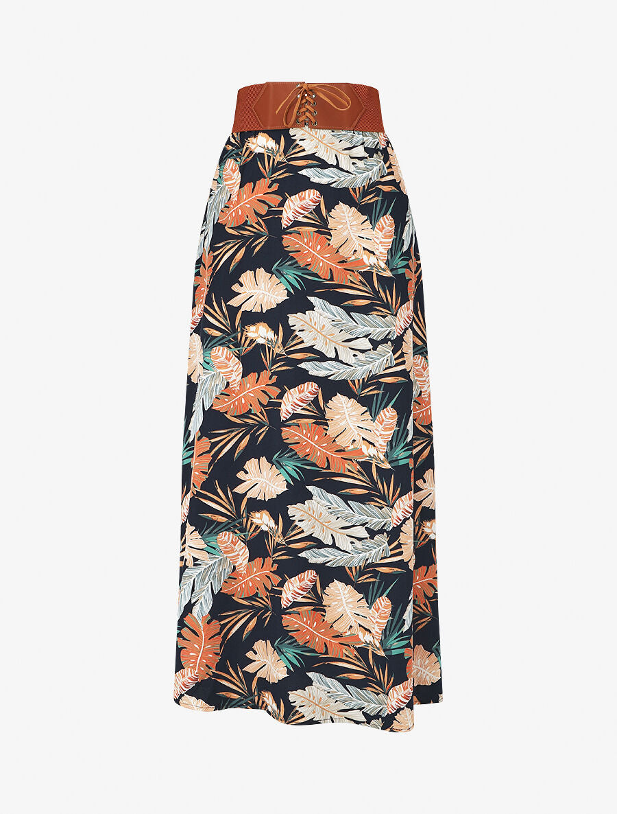 Jupe longue imprimé feuilles tropicales - Marine - 1