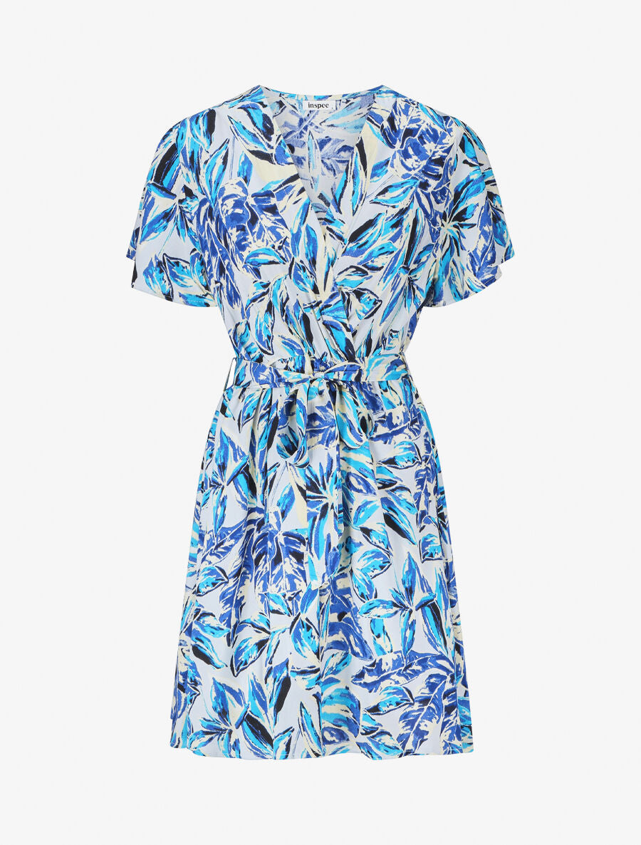 Robe mi-longue imprimé feuillage - Bleu - 1