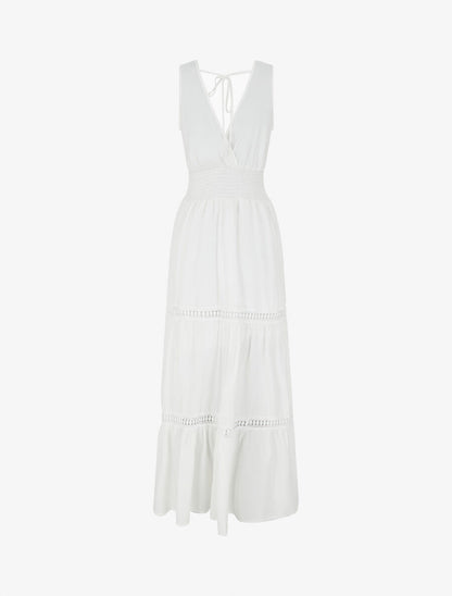 Robe longue élastiquée et liens à nouer - Blanc - 2