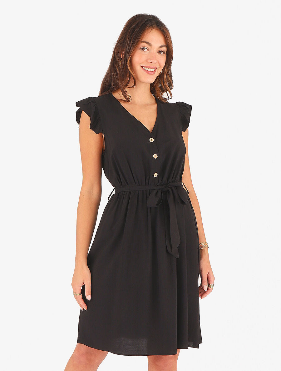 Robe mi-longue unie - Noir - 4