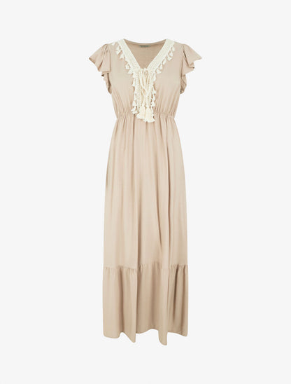 Robe longue évasée unie - Beige - 4