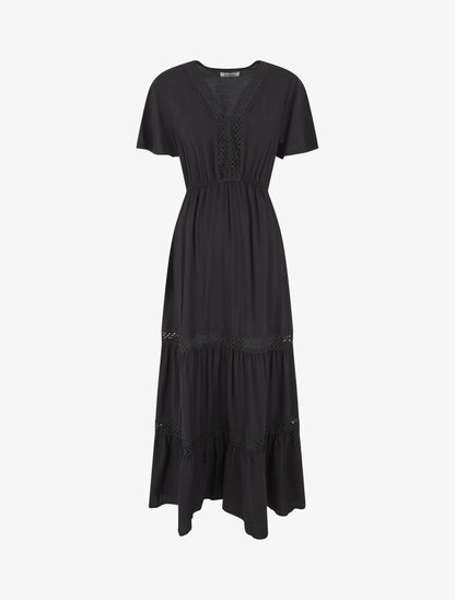 Robe longue évasée à empiècements en dentelle ajourée - Noir - 4
