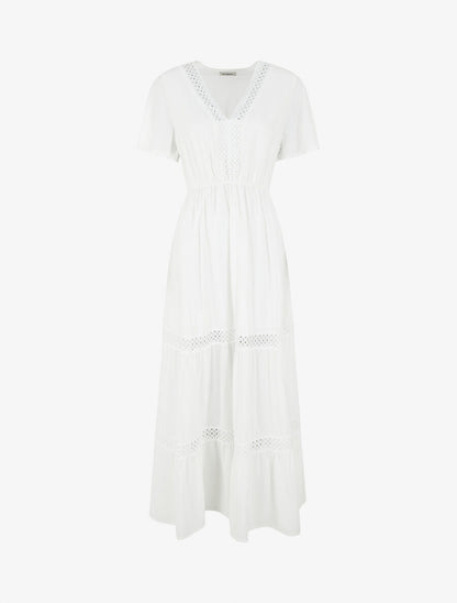 Robe longue évasée à empiècements en dentelle ajourée - Blanc - 4