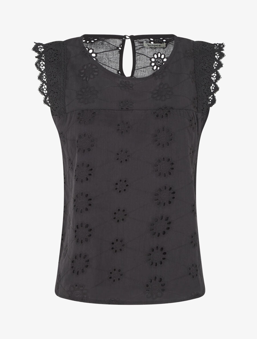 Top droit sans manches en broderie anglaise - Noir - 1