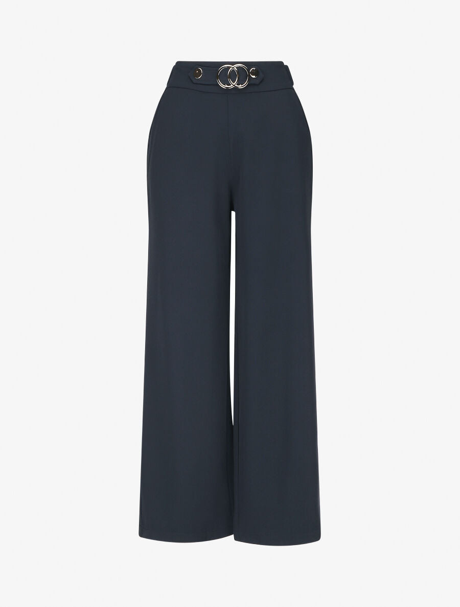 Pantalon ample taille haute à boucle - Marine - 5