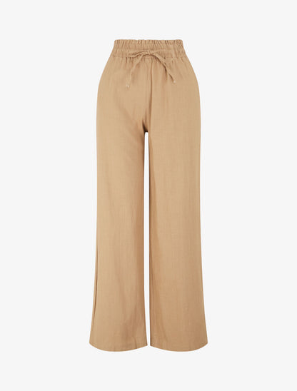 Pantalon uni élastiqué effet lin - Camel - 4