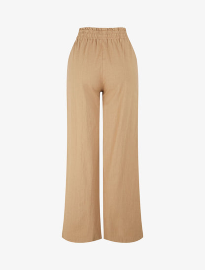 Pantalon uni élastiqué effet lin - Camel - 2