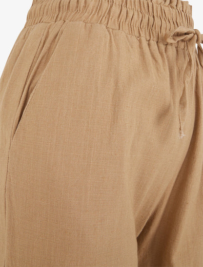Pantalon uni élastiqué effet lin - Camel - 3