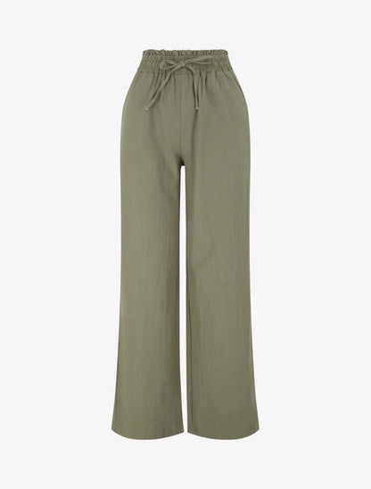 Pantalon uni élastiqué effet lin - Kaki - 1