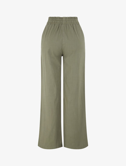 Pantalon uni élastiqué effet lin - Kaki - 2