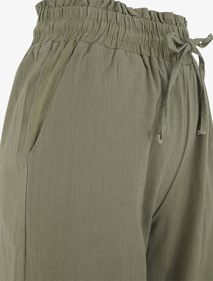 Pantalon uni élastiqué effet lin - Kaki - 3