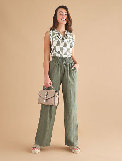 Pantalon uni élastiqué effet lin - Kaki - 4