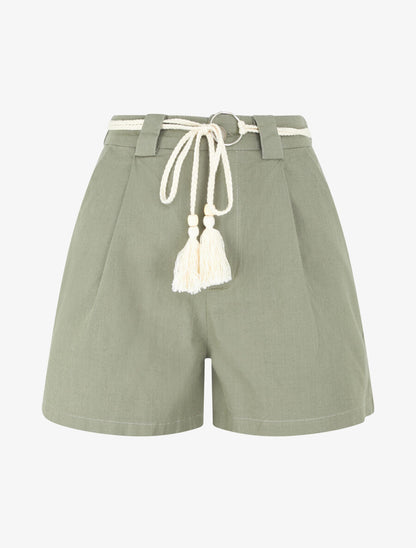 Short élastiqué effet lin - Kaki - 1