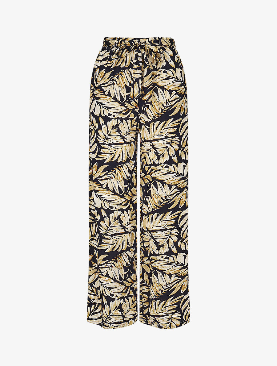 Pantalon fluide élastiqué imprimé feuilles - Bleu - 4