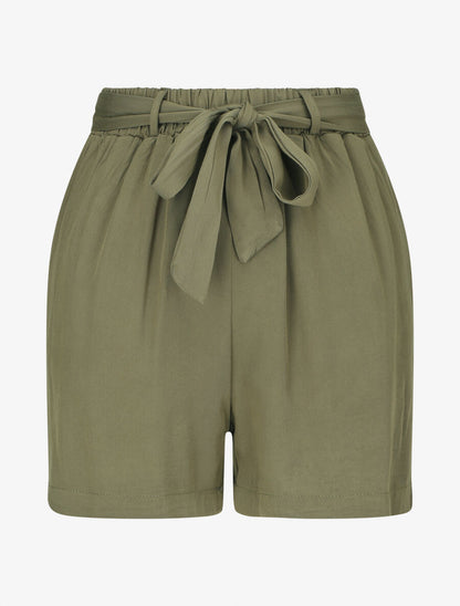 Short fluide uni et ceinturé - Kaki - 1
