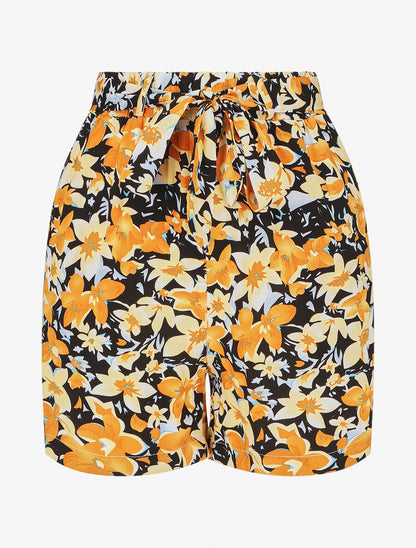 Short fluide imprimé fleuri et ceinturé - Noir - 2